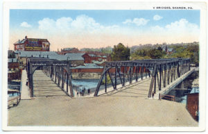 Sharon's landmark V bridges stood at the foot of Silver Street from 1907 until the mid-1980s. One of the spans was washed off its pier in the great flood of 1913.